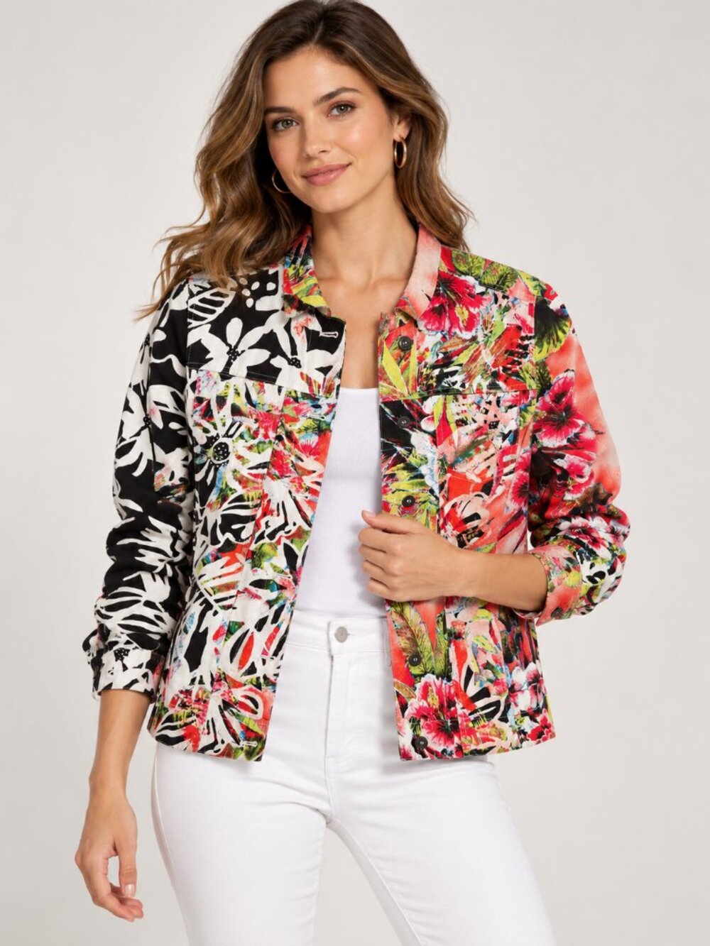 Chico’s Additions Size 0 Multicolor Floral Patchwork Button Front Jacket US 4/6